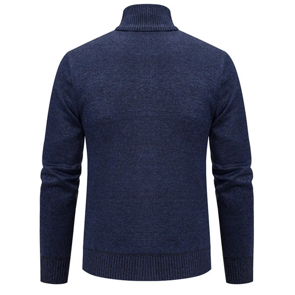 Men Cardigan Stand Collar Ribbed Trim Wave Pattern Knitting Sweater Coat Long Sleeve Pockets Zipper Placket Knitting Sweater