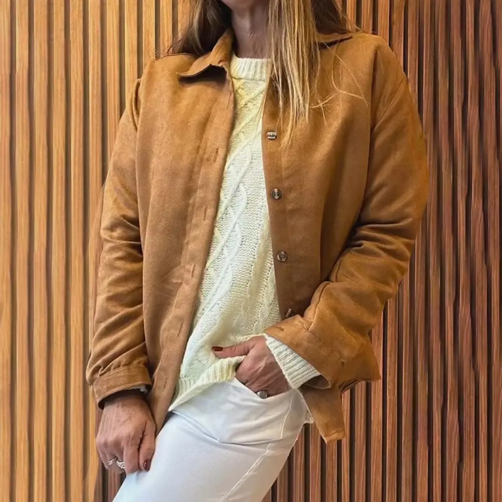Faux Suede Velvet Women Jacket Thermal Long Sleeved Commuting Velvet Lined Single-breasted Cardigan Front Placket Winter Jacket