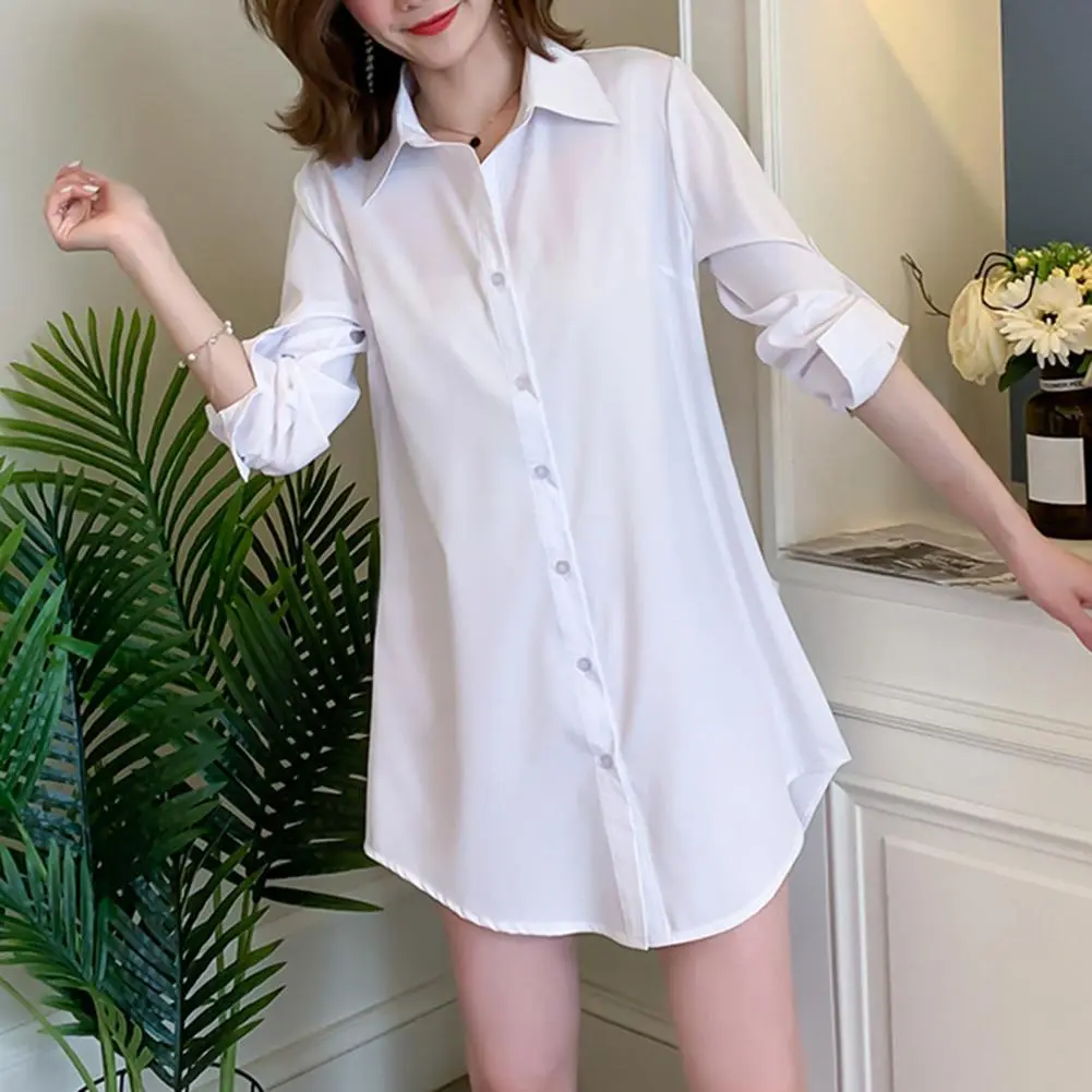 Mid-length Style Women Shirt Lapel Long Sleeve Casual Regular Fit TopsSolid Color Buttons Placket Versatile Women Shirt Dress