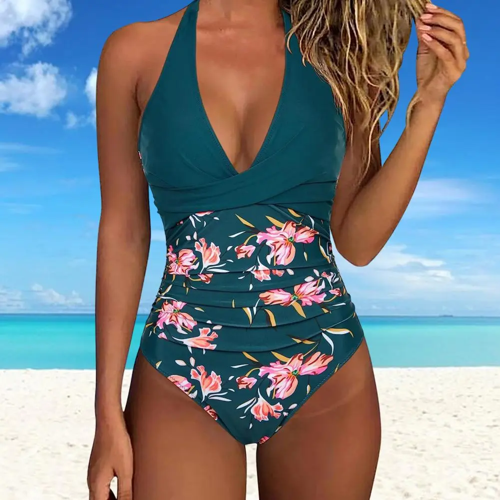 2025 Women Sexy Monokini Halter Sleeveless One-piece Swimsuit Patchwork Color Backless Tummy Control High Waisted Bathing Suit