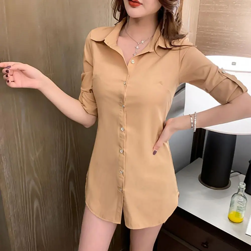 Mid-length Style Women Shirt Lapel Long Sleeve Casual Regular Fit TopsSolid Color Buttons Placket Versatile Women Shirt Dress