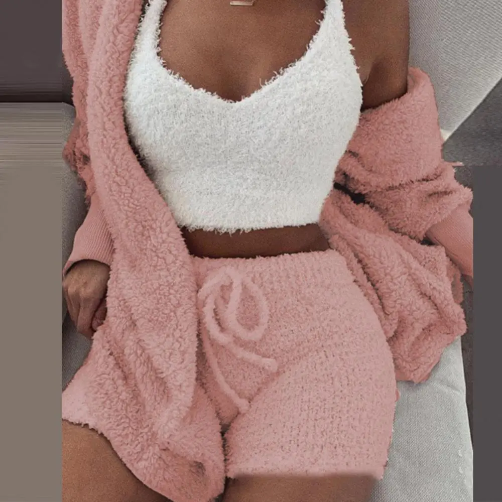 3Pcs Women Cardigan Crop Top Shorts Set Autumn Plush Sexy Vest Long Sleeve Coat Drawstring Shorts Suit Sports Outfits