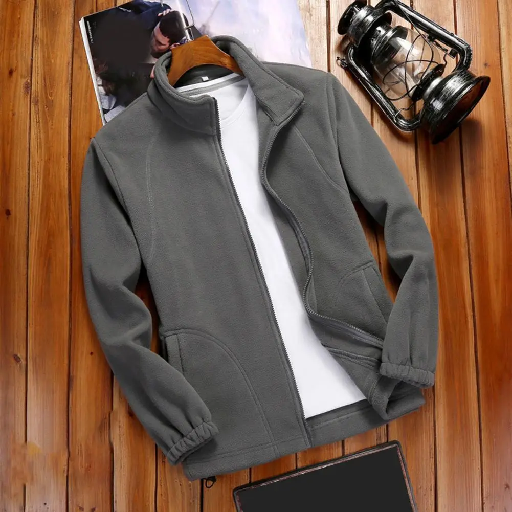 Soft Fleece Jacket Men Winter Coat Thickened Soft Warm Solid Color Stand Collar Zipper Closure Long Sleeve Cold Resistant Jacket