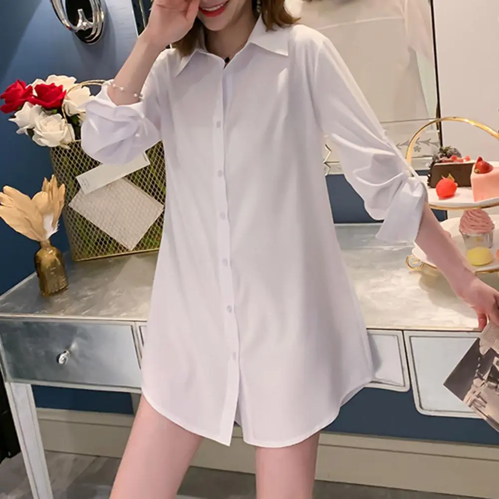 Mid-length Style Women Shirt Lapel Long Sleeve Casual Regular Fit TopsSolid Color Buttons Placket Versatile Women Shirt Dress