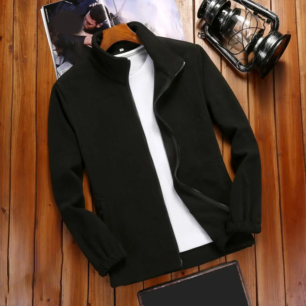 Soft Fleece Jacket Men Winter Coat Thickened Soft Warm Solid Color Stand Collar Zipper Closure Long Sleeve Cold Resistant Jacket