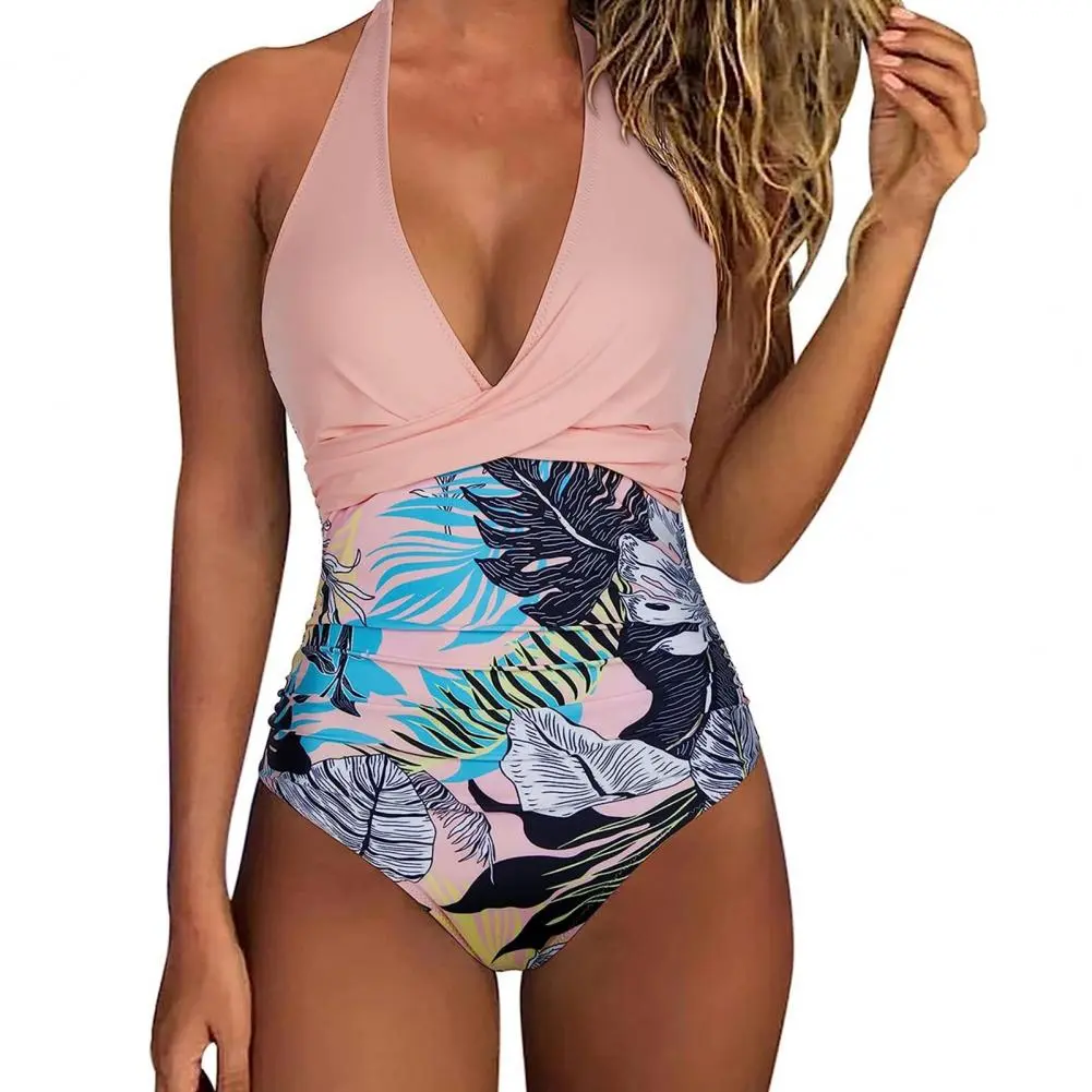 2025 Women Sexy Monokini Halter Sleeveless One-piece Swimsuit Patchwork Color Backless Tummy Control High Waisted Bathing Suit