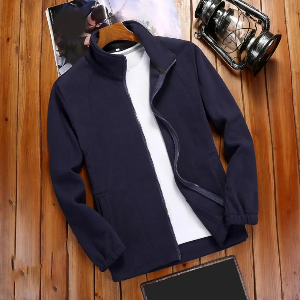 Soft Fleece Jacket Men Winter Coat Thickened Soft Warm Solid Color Stand Collar Zipper Closure Long Sleeve Cold Resistant Jacket