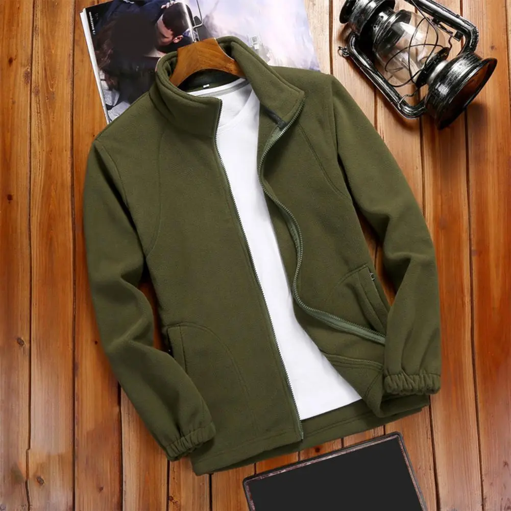Soft Fleece Jacket Men Winter Coat Thickened Soft Warm Solid Color Stand Collar Zipper Closure Long Sleeve Cold Resistant Jacket