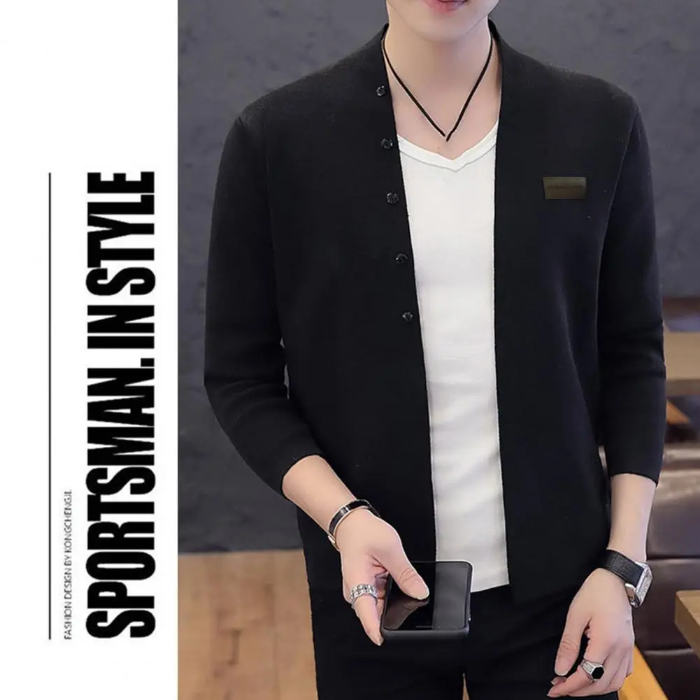 Button Closure Men Jacket Men Knitted Cardigan Stylish Men's Knitted Cardigan Coat Slim Fit Warm Stand Collar Badge for Fall