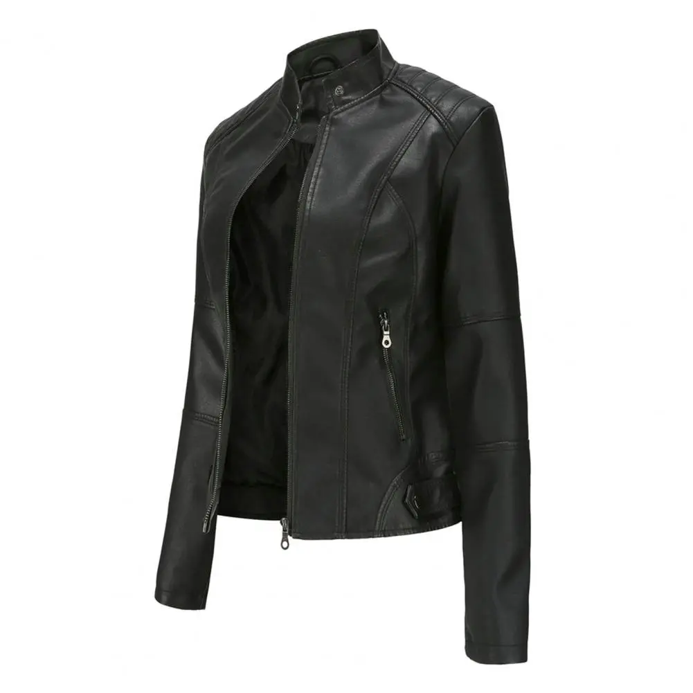 Slim Fit Coat Women Faux Leather Jacket Stylish Women's Faux Leather Biker Jacket Slim Fit Stand Collar Windproof Coat