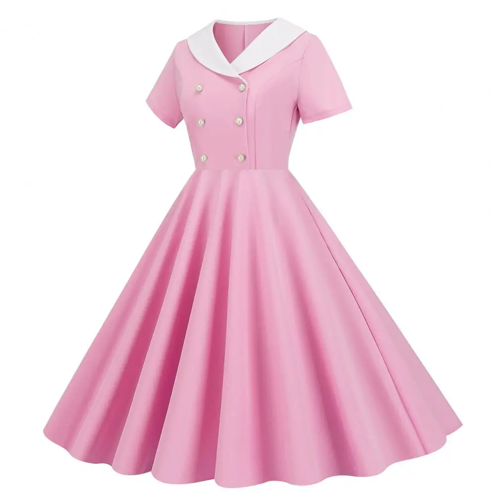 1950s Movie Style Dress High Waist Retro Dress Vintage 50s A-line Swing Dress Elegant Short Sleeve V Neck Button for Women's