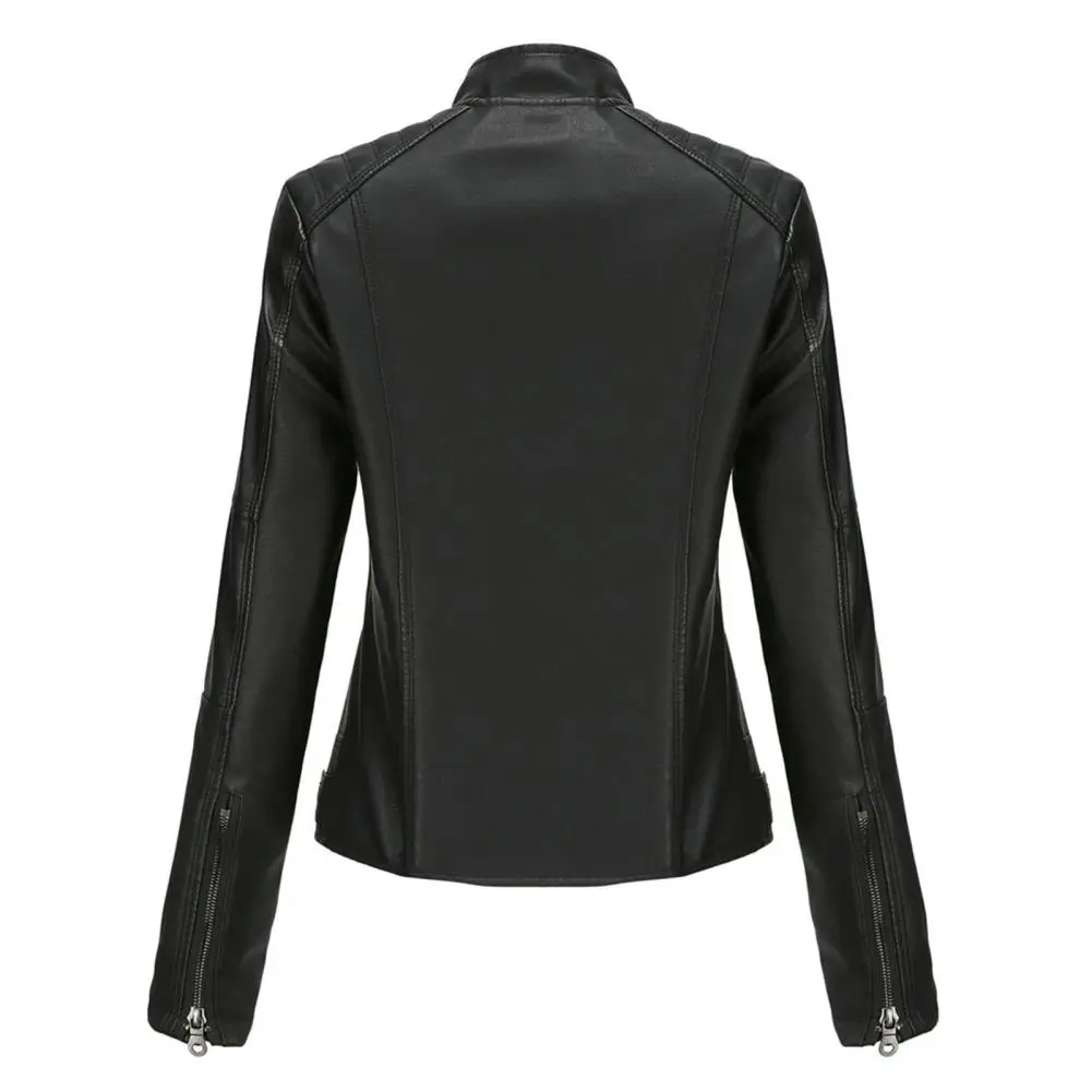 Slim Fit Coat Women Faux Leather Jacket Stylish Women's Faux Leather Biker Jacket Slim Fit Stand Collar Windproof Coat