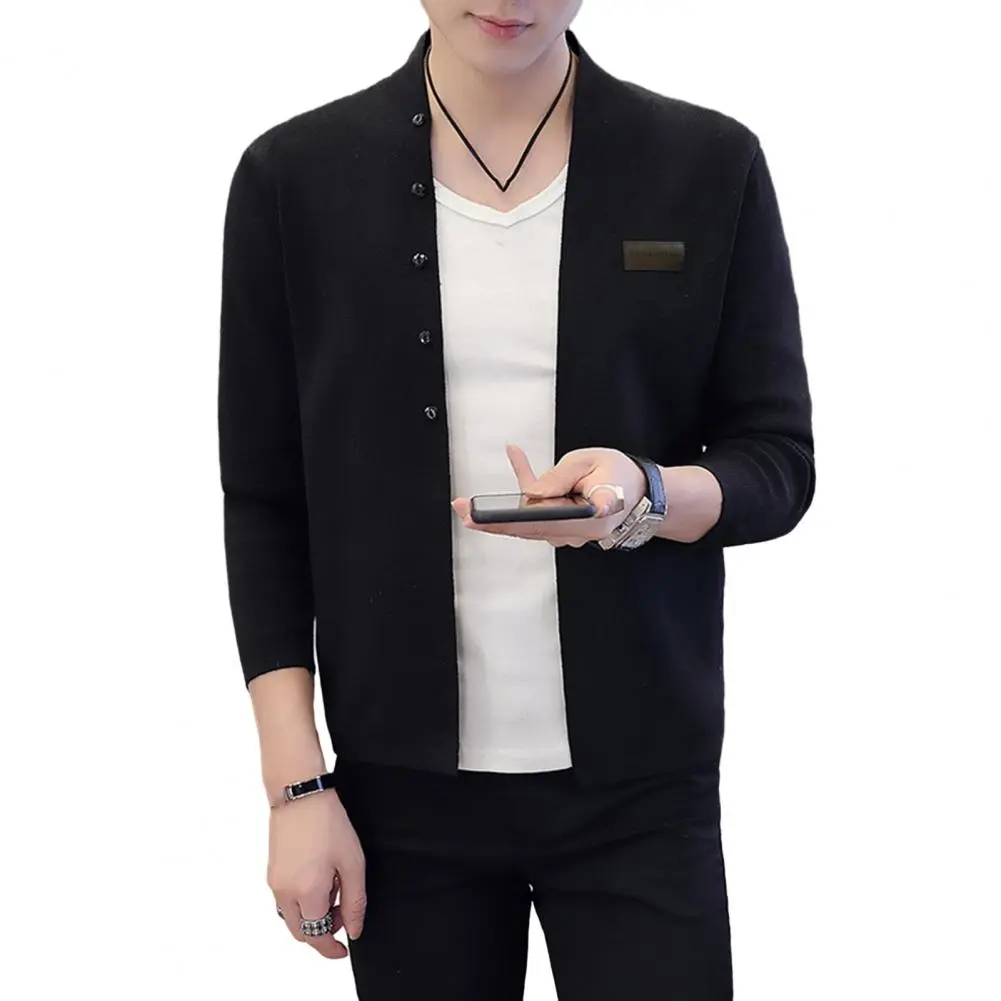 Button Closure Men Jacket Men Knitted Cardigan Stylish Men's Knitted Cardigan Coat Slim Fit Warm Stand Collar Badge for Fall