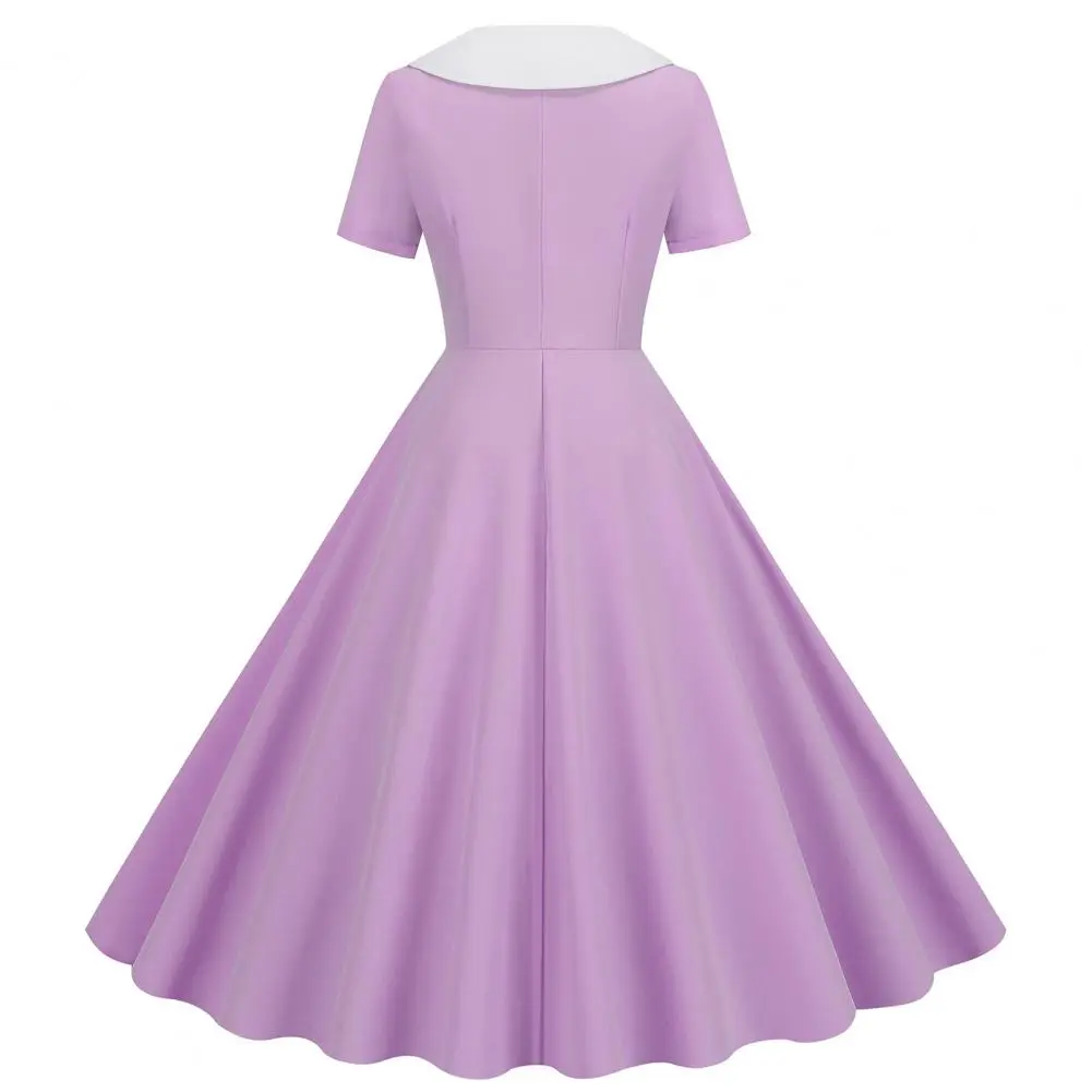 1950s Movie Style Dress High Waist Retro Dress Vintage 50s A-line Swing Dress Elegant Short Sleeve V Neck Button for Women's
