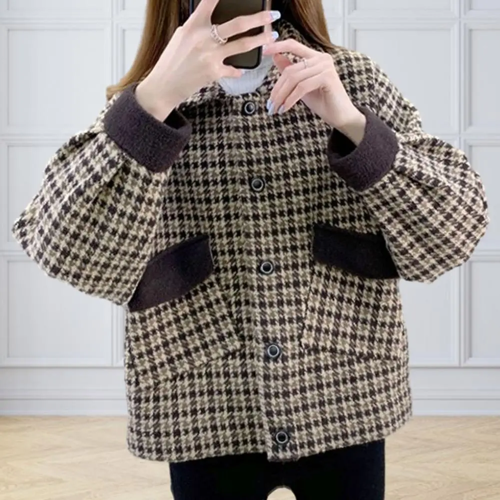 Women Solid Color Jacket Thick Women Jacket Stylish Plaid Print Plus Size Women's Winter Coat with Lapel Buttons for Fall