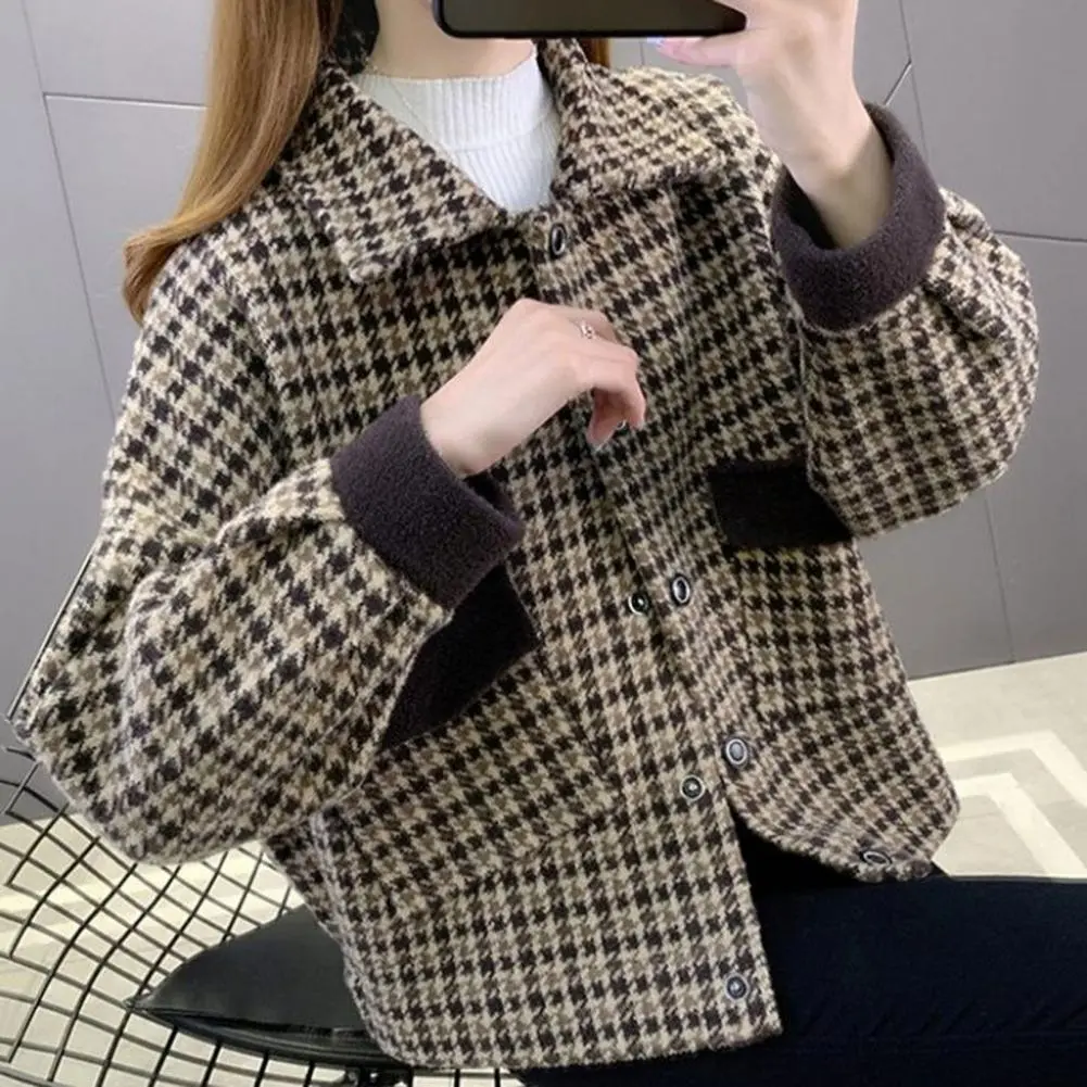 Women Solid Color Jacket Thick Women Jacket Stylish Plaid Print Plus Size Women's Winter Coat with Lapel Buttons for Fall