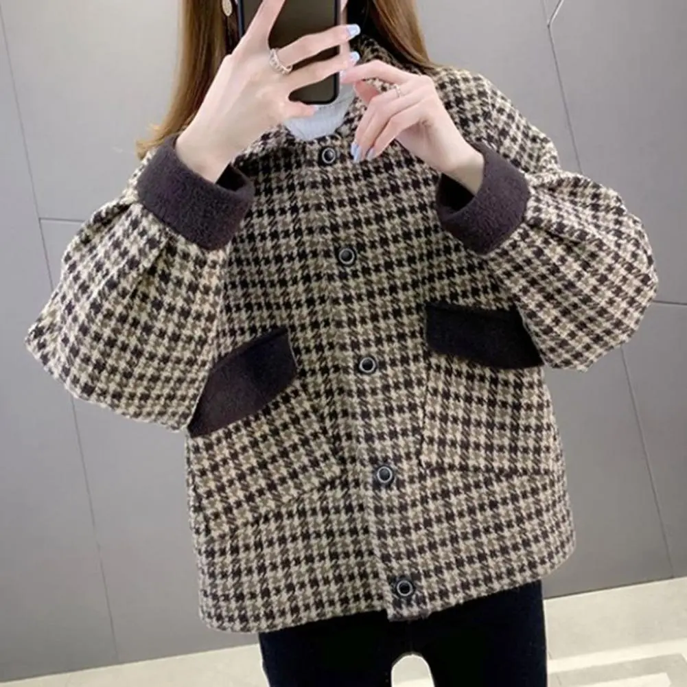 Women Solid Color Jacket Thick Women Jacket Stylish Plaid Print Plus Size Women's Winter Coat with Lapel Buttons for Fall