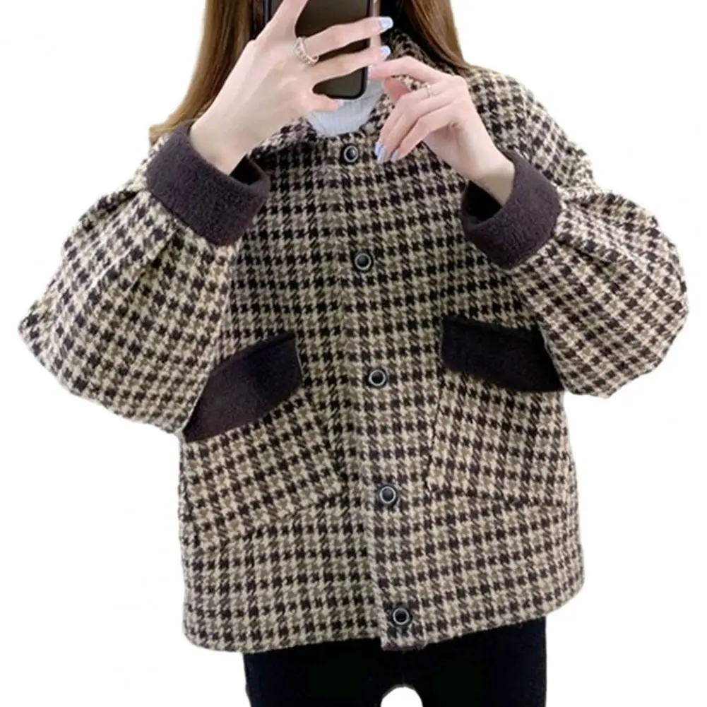 Women Solid Color Jacket Thick Women Jacket Stylish Plaid Print Plus Size Women's Winter Coat with Lapel Buttons for Fall