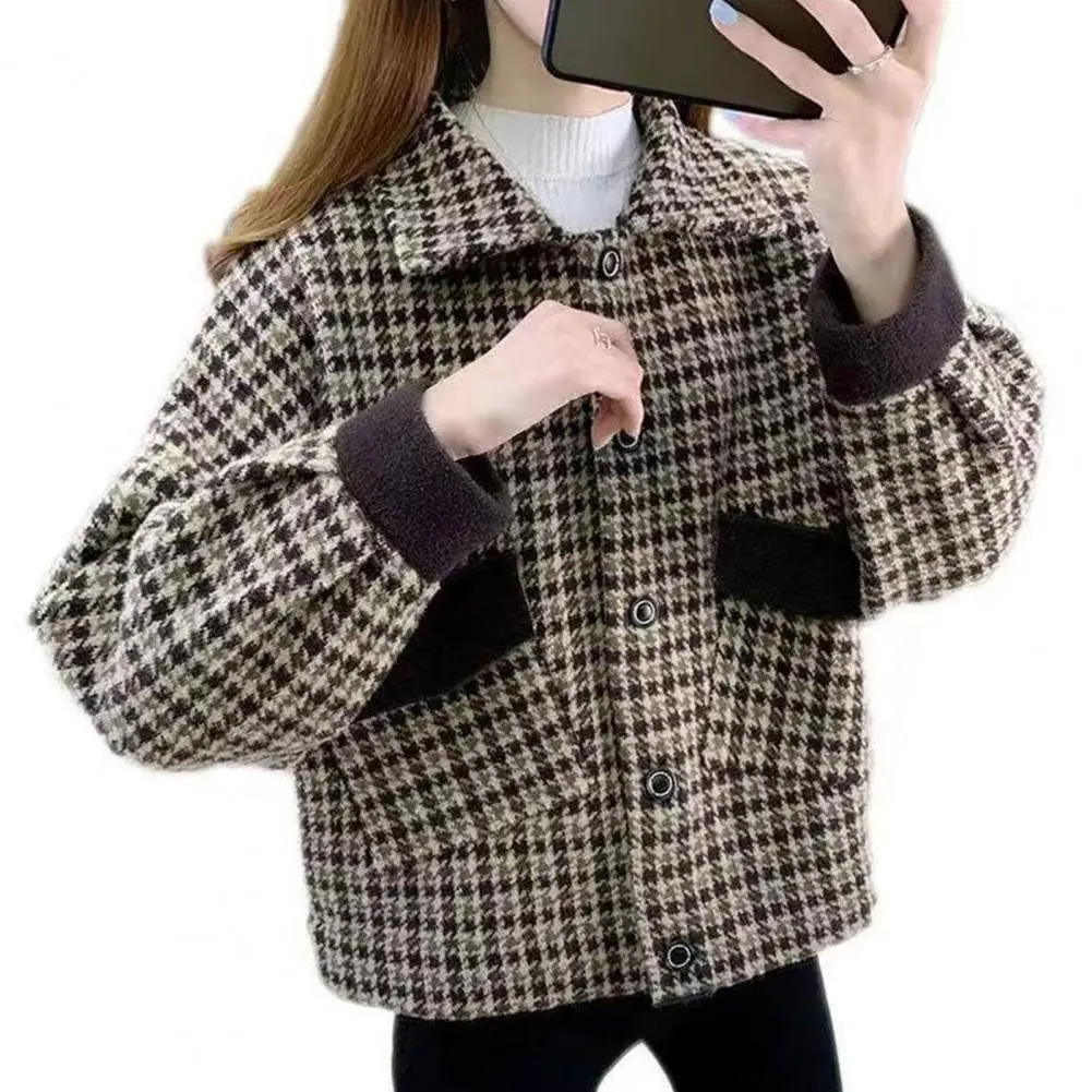 Women Solid Color Jacket Thick Women Jacket Stylish Plaid Print Plus Size Women's Winter Coat with Lapel Buttons for Fall