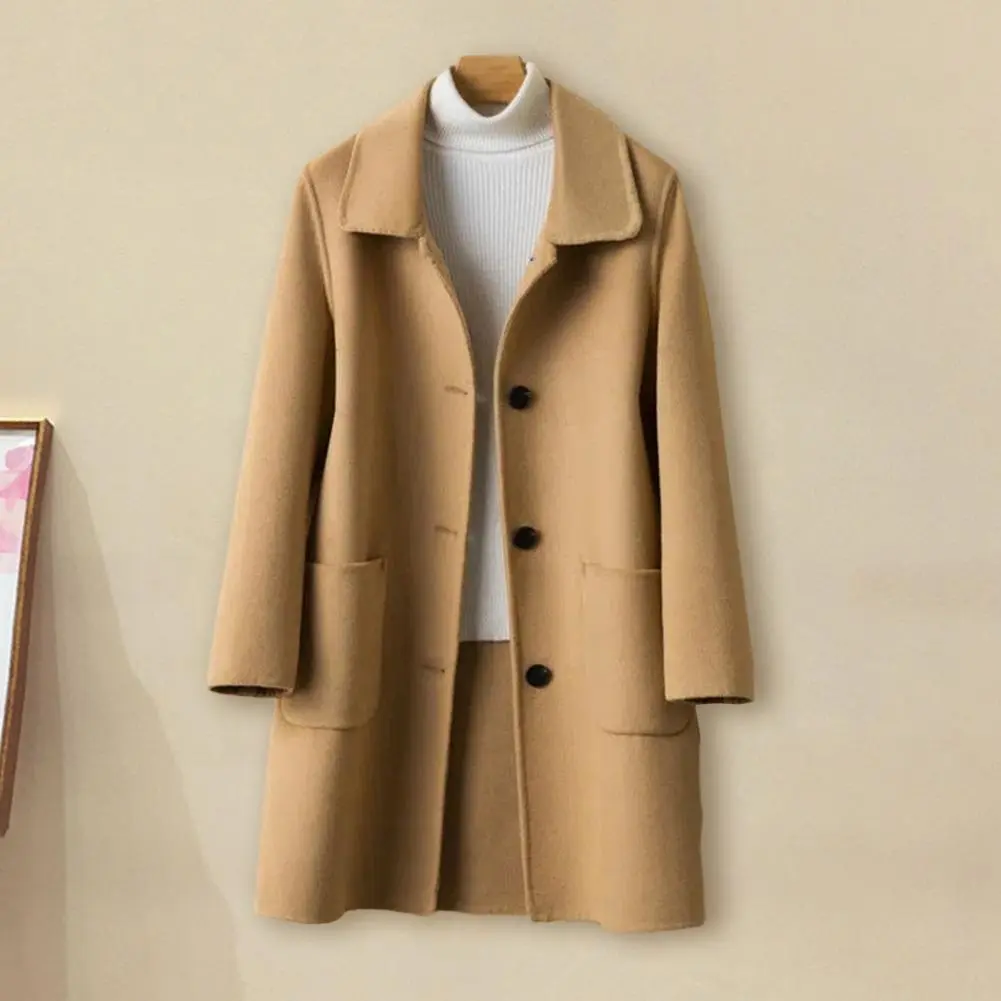 2025 Women Woolen Coat Loose Solid Color Thick Cold Resistant Single-breasted Lapel Mid Length Winter Coat Commute Winter Coat