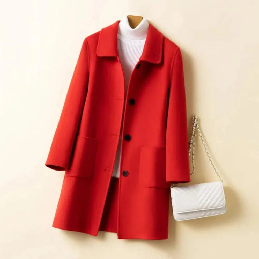 2025 Women Woolen Coat Loose Solid Color Thick Cold Resistant Single-breasted Lapel Mid Length Winter Coat Commute Winter Coat