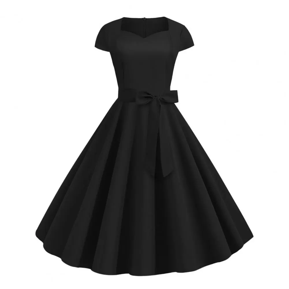 Women Party Dress Vintage 90s V Neck Belted Bow Decor Cocktail Dress 1950s Style Dress Short Sleeve Princess Lady Midi Dresses