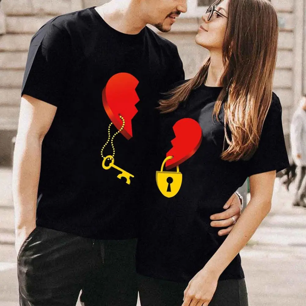 2025 Couple T-shirt Pullover Short Sleeves Crew Neck Loose His-and-hers Clothing Dress Up Heart Key And Lock Women Men T-shirt