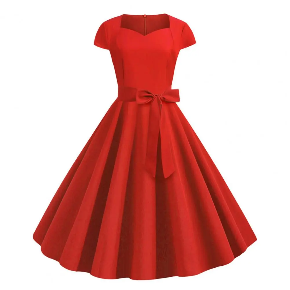Women Party Dress Vintage 90s V Neck Belted Bow Decor Cocktail Dress 1950s Style Dress Short Sleeve Princess Lady Midi Dresses