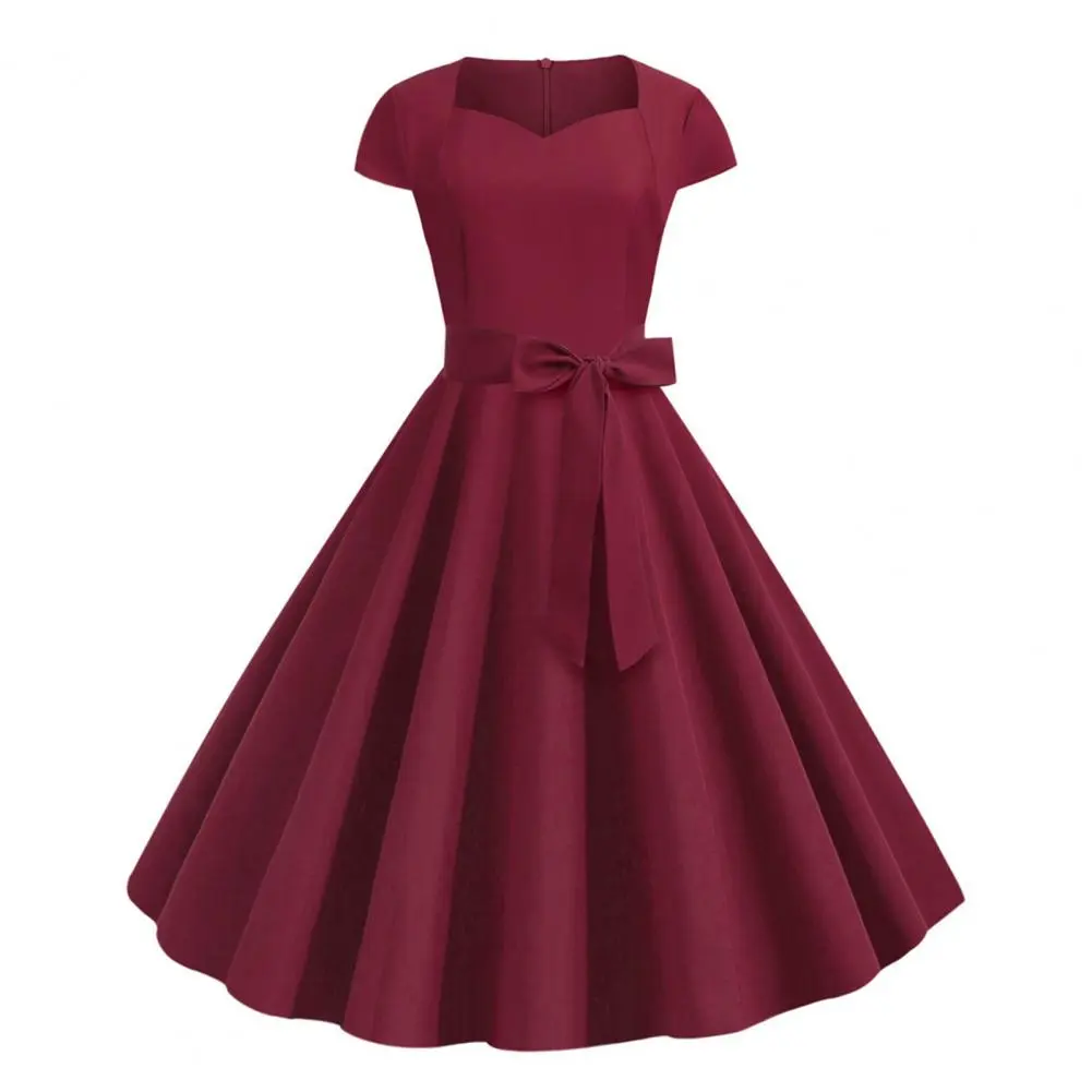 Women Party Dress Vintage 90s V Neck Belted Bow Decor Cocktail Dress 1950s Style Dress Short Sleeve Princess Lady Midi Dresses
