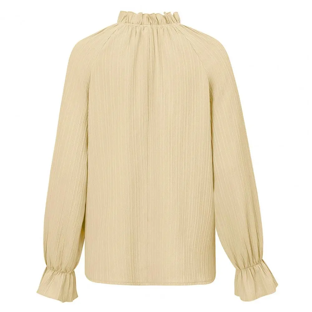 Women Loose Fit Top Elegant Long-sleeve Shirt Chic Streetwear Loose Fit Pleated Blouse with Ruffle Cuffs Autumn Winter Women's