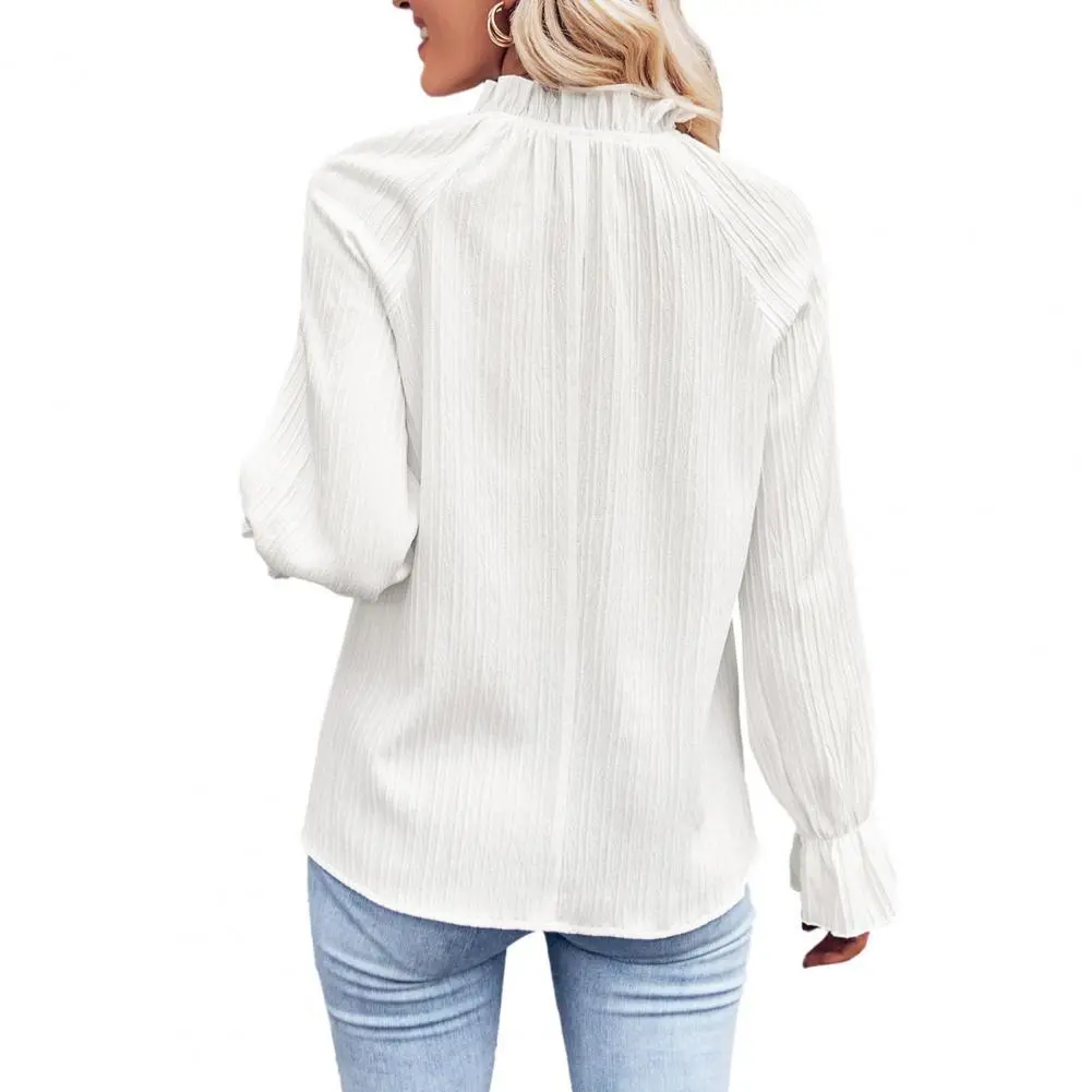 Women Loose Fit Top Elegant Long-sleeve Shirt Chic Streetwear Loose Fit Pleated Blouse with Ruffle Cuffs Autumn Winter Women's