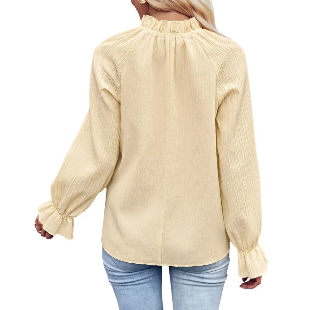 Women Loose Fit Top Elegant Long-sleeve Shirt Chic Streetwear Loose Fit Pleated Blouse with Ruffle Cuffs Autumn Winter Women's