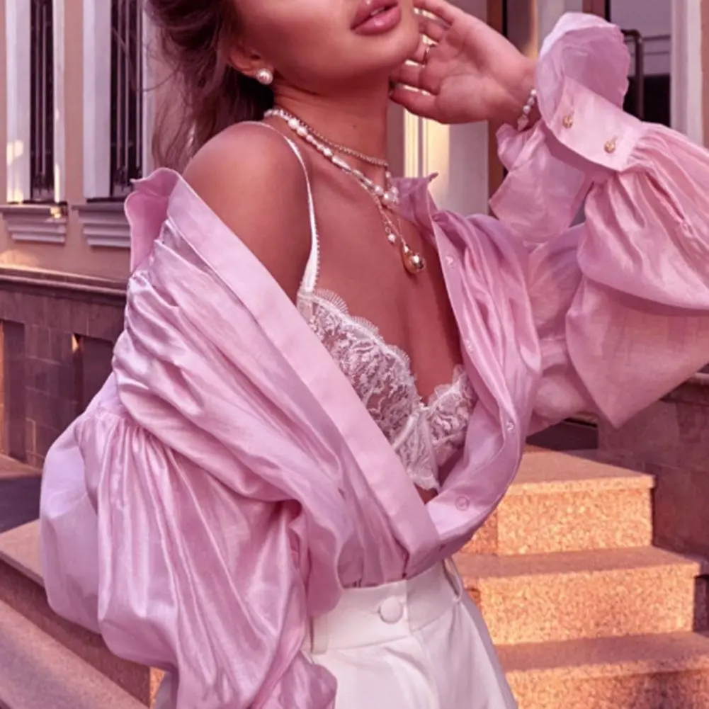 French Style Pink Women Shirt Lapel Long Sleeve Spring And Summer Top Spicy Girls Sexy Perspective Solid Color Female Shirt