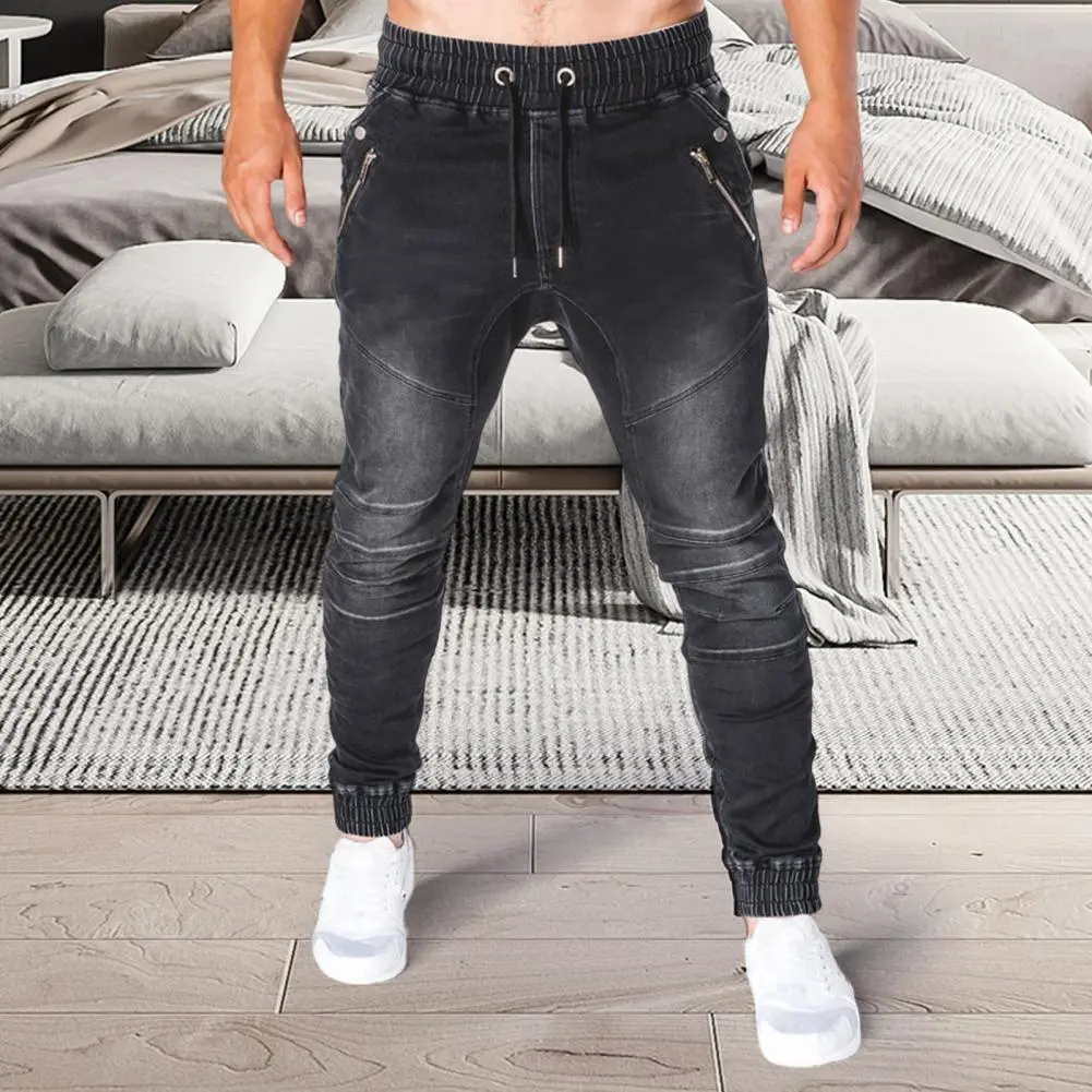 Men Jeans Dark Blue Grey Pockets Skinny Pencil Pants Summer Washable Ankle Tied Denim Pants Washable Lace-up Denim Trousers