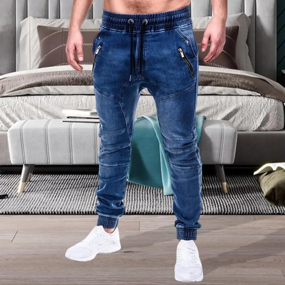 Men Jeans Dark Blue Grey Pockets Skinny Pencil Pants Summer Washable Ankle Tied Denim Pants Washable Lace-up Denim Trousers
