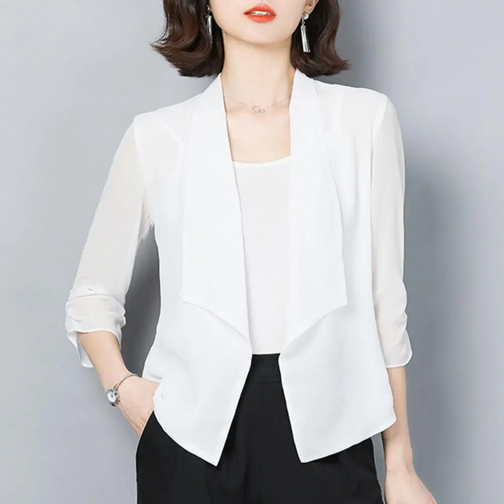 Women Formal Business OL Commute Style Solid Color Loose Sleeve Open Stitch Lapel Thin Soft Lady Coat Office Jacket