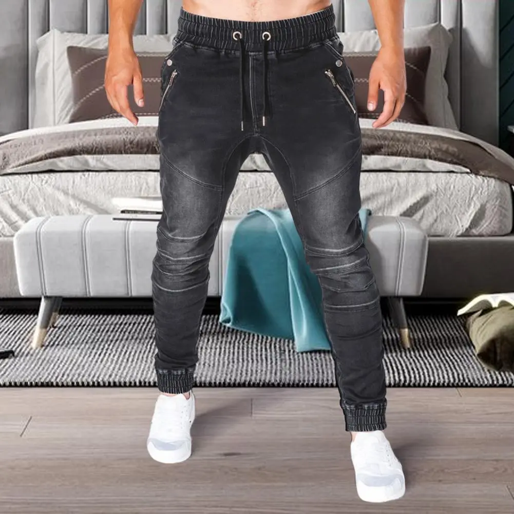 Men Jeans Dark Blue Grey Pockets Skinny Pencil Pants Summer Washable Ankle Tied Denim Pants Washable Lace-up Denim Trousers