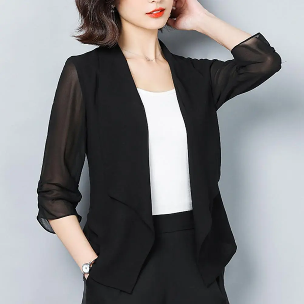 Women Formal Business OL Commute Style Solid Color Loose Sleeve Open Stitch Lapel Thin Soft Lady Coat Office Jacket