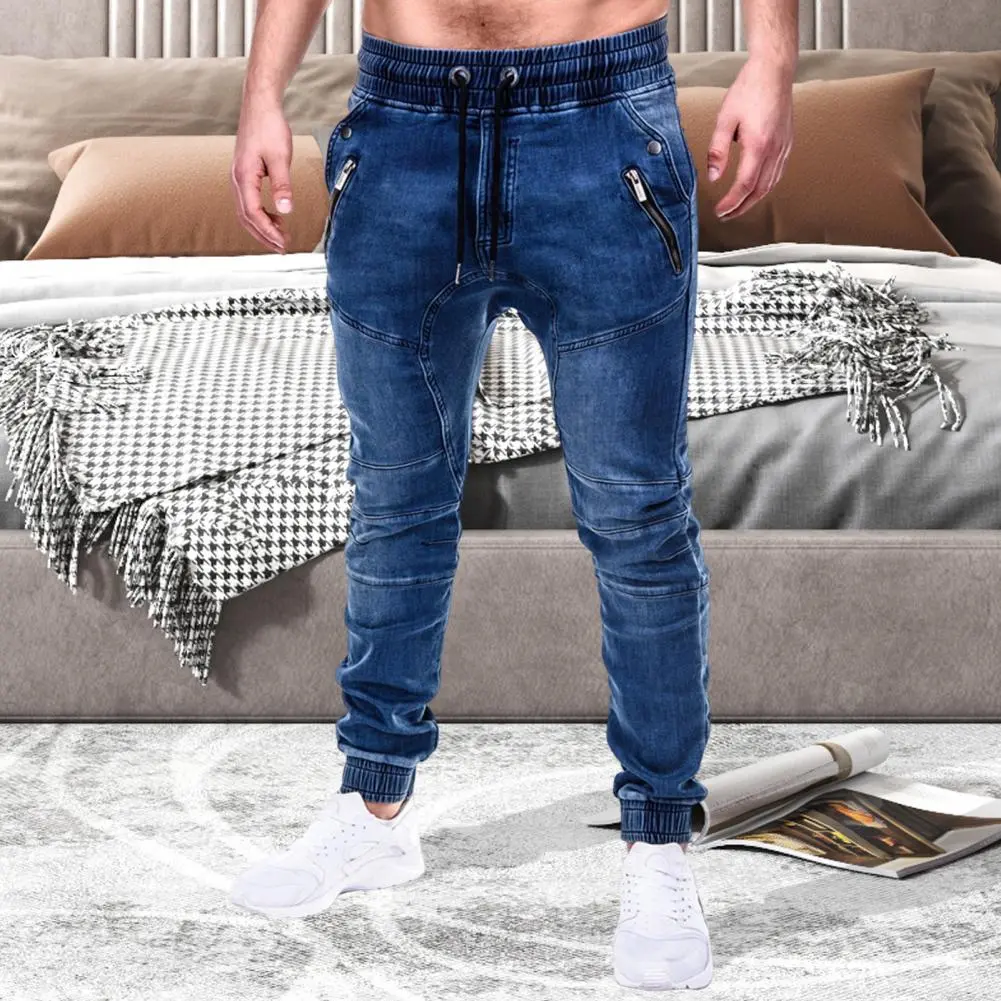 Men Jeans Dark Blue Grey Pockets Skinny Pencil Pants Summer Washable Ankle Tied Denim Pants Washable Lace-up Denim Trousers