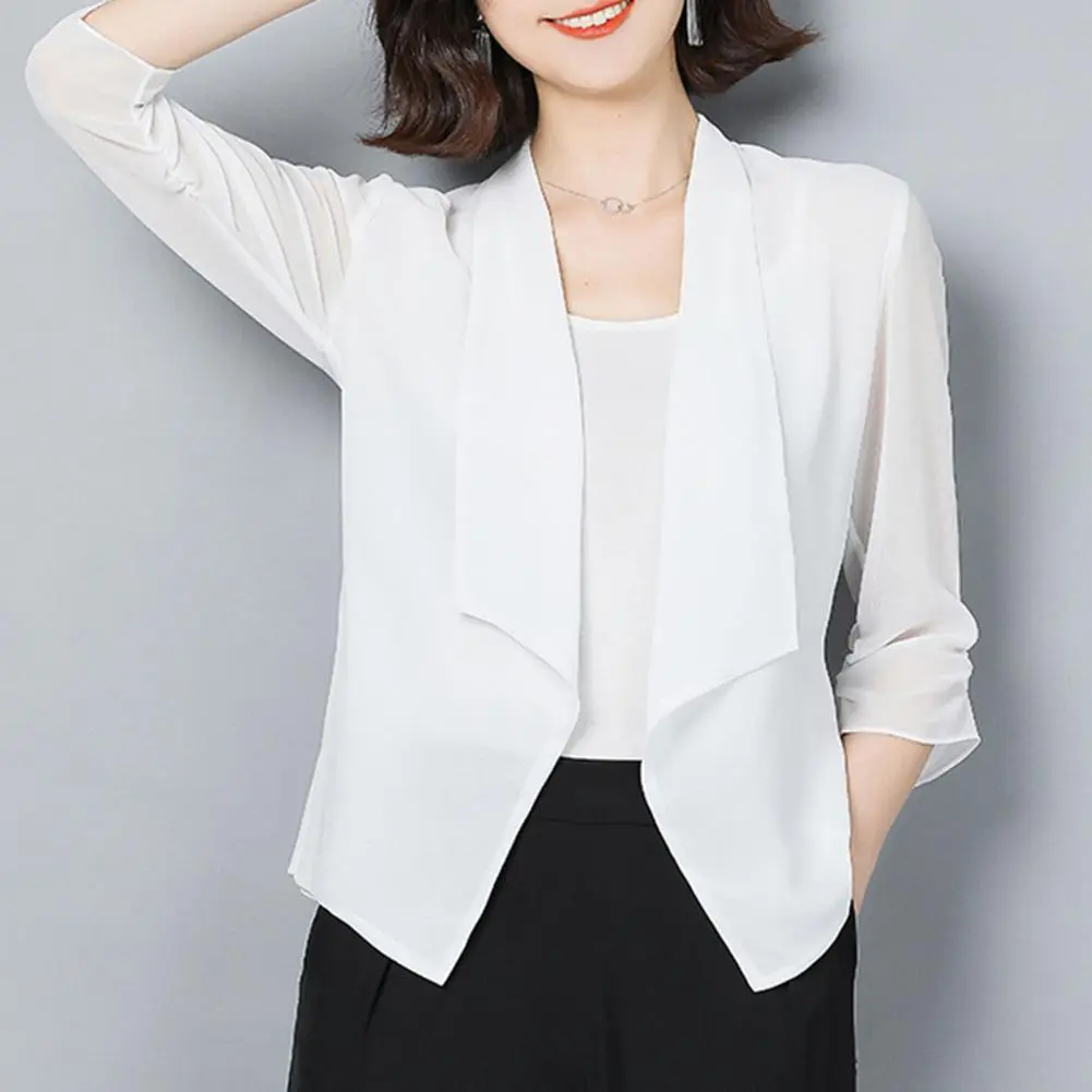 Women Formal Business OL Commute Style Solid Color Loose Sleeve Open Stitch Lapel Thin Soft Lady Coat Office Jacket