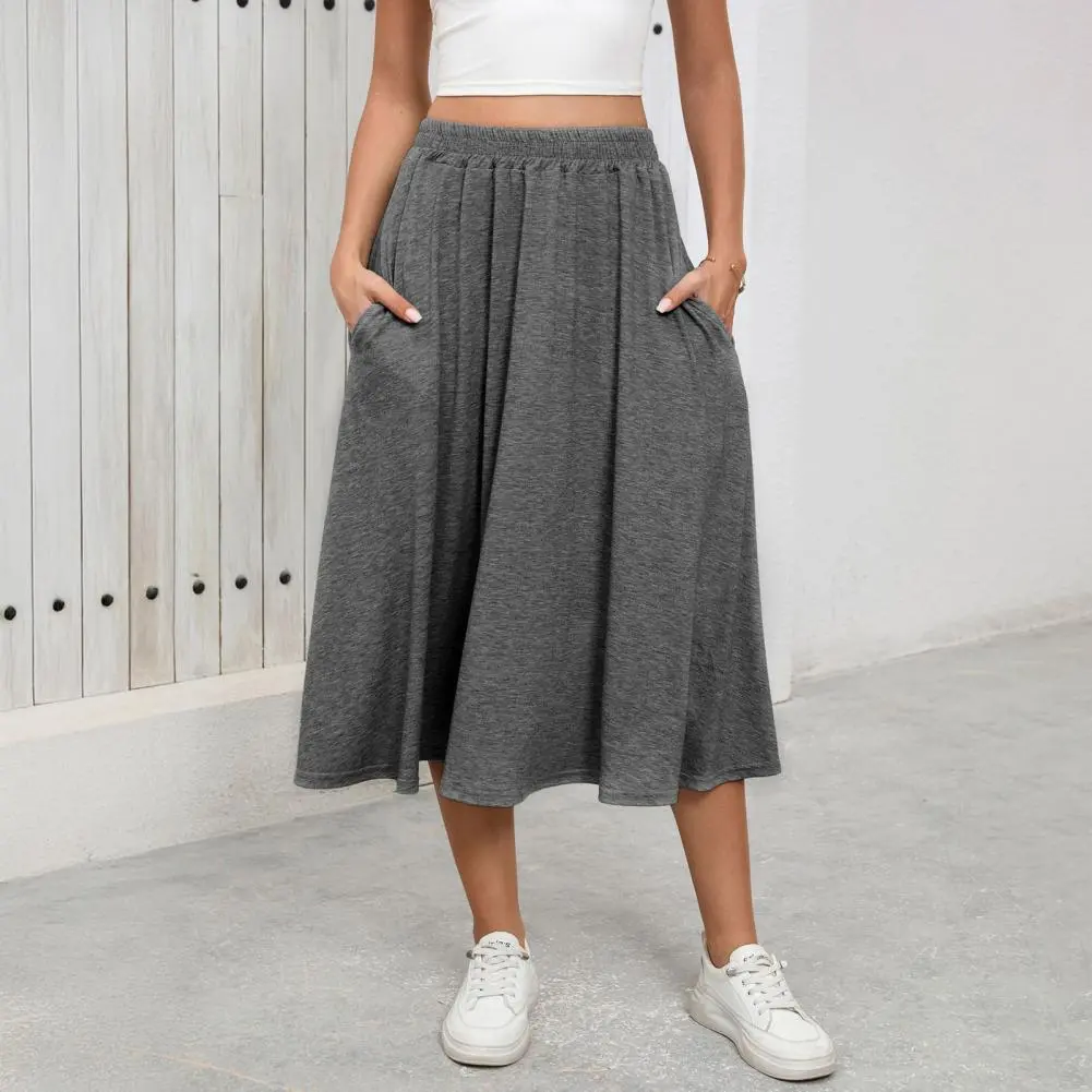 2025 New Women Midi Skirt Elastic High Waist Large Hem Mid-calf Length Skirt Solid Color Commuting Style Flattering Skirts