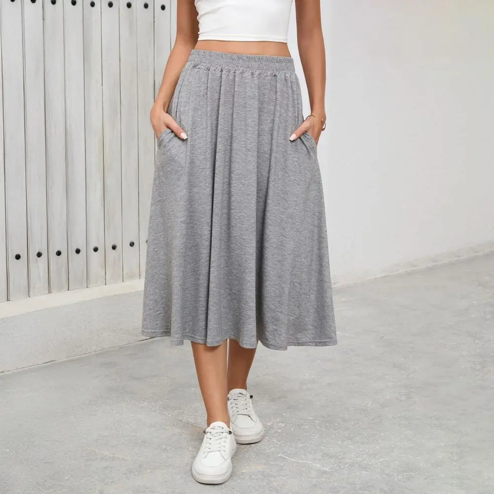 2025 New Women Midi Skirt Elastic High Waist Large Hem Mid-calf Length Skirt Solid Color Commuting Style Flattering Skirts