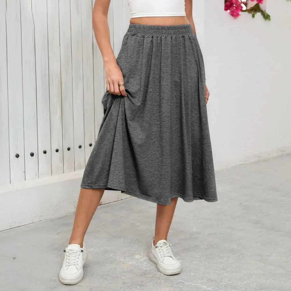 2025 New Women Midi Skirt Elastic High Waist Large Hem Mid-calf Length Skirt Solid Color Commuting Style Flattering Skirts
