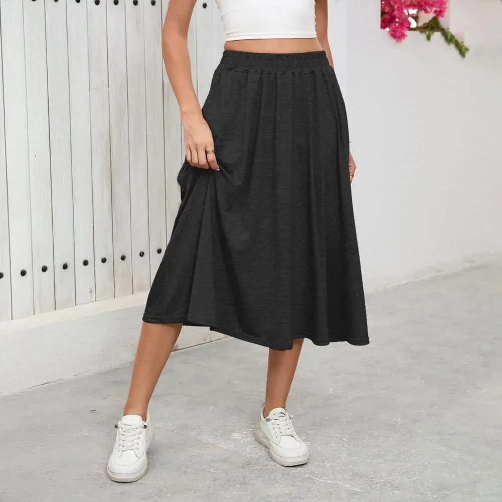 2025 New Women Midi Skirt Elastic High Waist Large Hem Mid-calf Length Skirt Solid Color Commuting Style Flattering Skirts