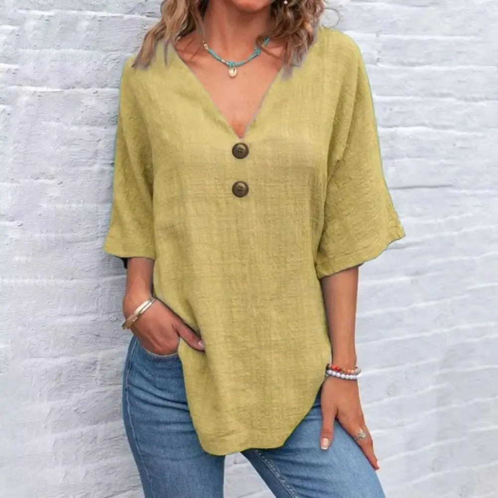 2025 New Women Blouse Tops V-Neck Half Sleeve Casual Solid Color Shirt Buttons Decor Loose Fit Mid-length Blouse Breathable Tee