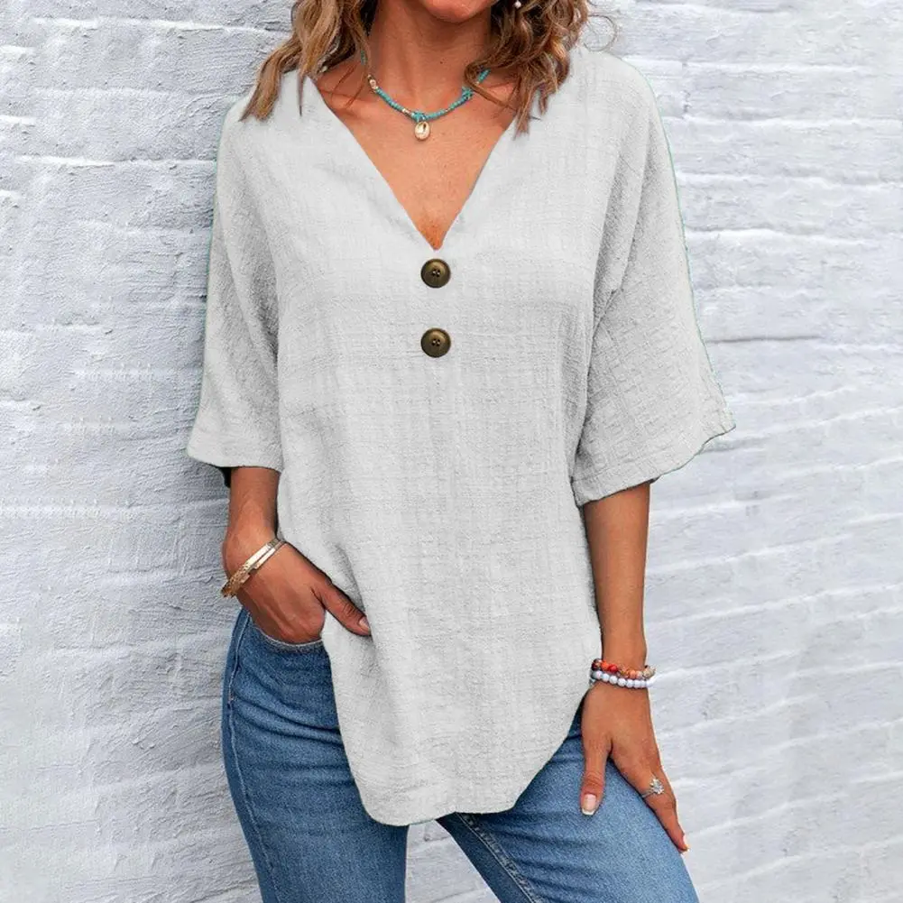 2025 New Women Blouse Tops V-Neck Half Sleeve Casual Solid Color Shirt Buttons Decor Loose Fit Mid-length Blouse Breathable Tee