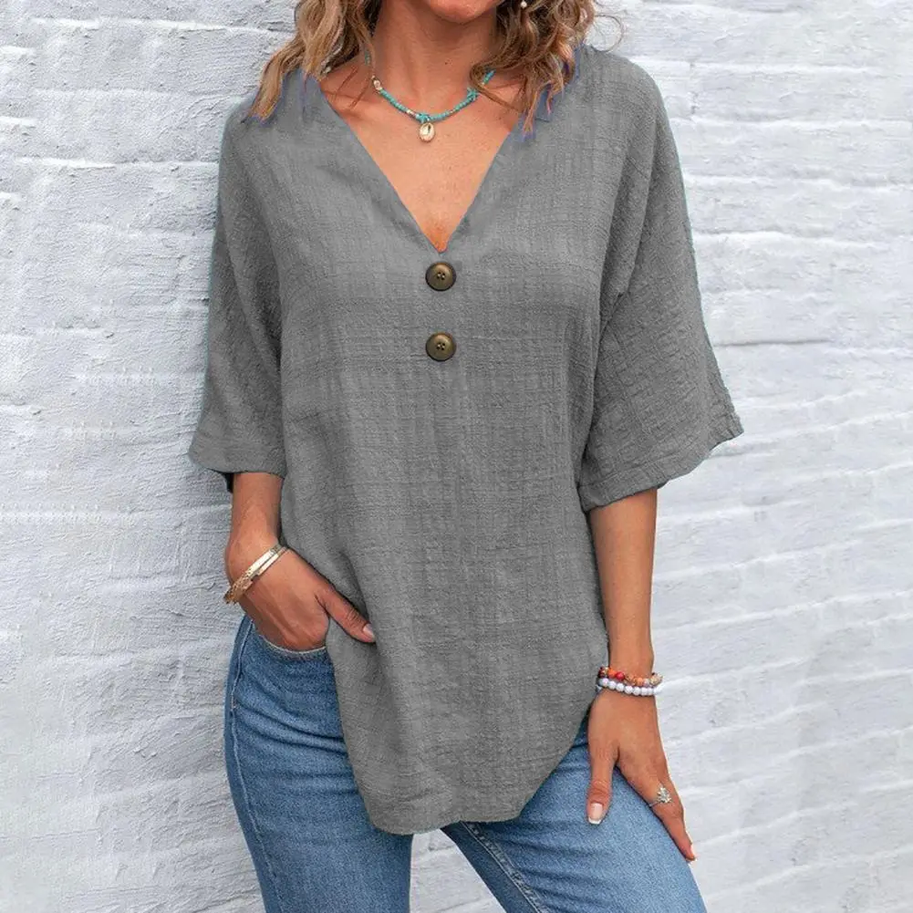 2025 New Women Blouse Tops V-Neck Half Sleeve Casual Solid Color Shirt Buttons Decor Loose Fit Mid-length Blouse Breathable Tee