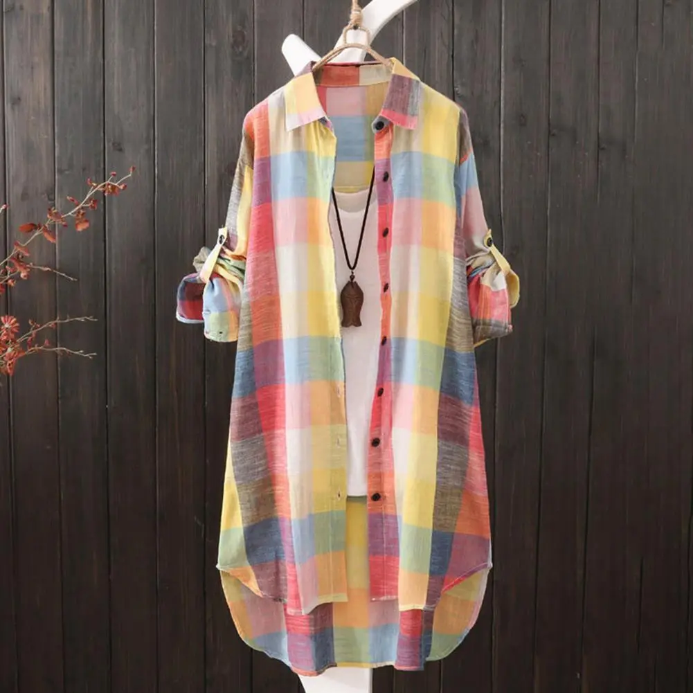 2025 Women Shirt Plaid Print Contrast Color Irregular Hem Single-breasted Long Sleeve Oversized Shirt Coat Breathable Long Shirt