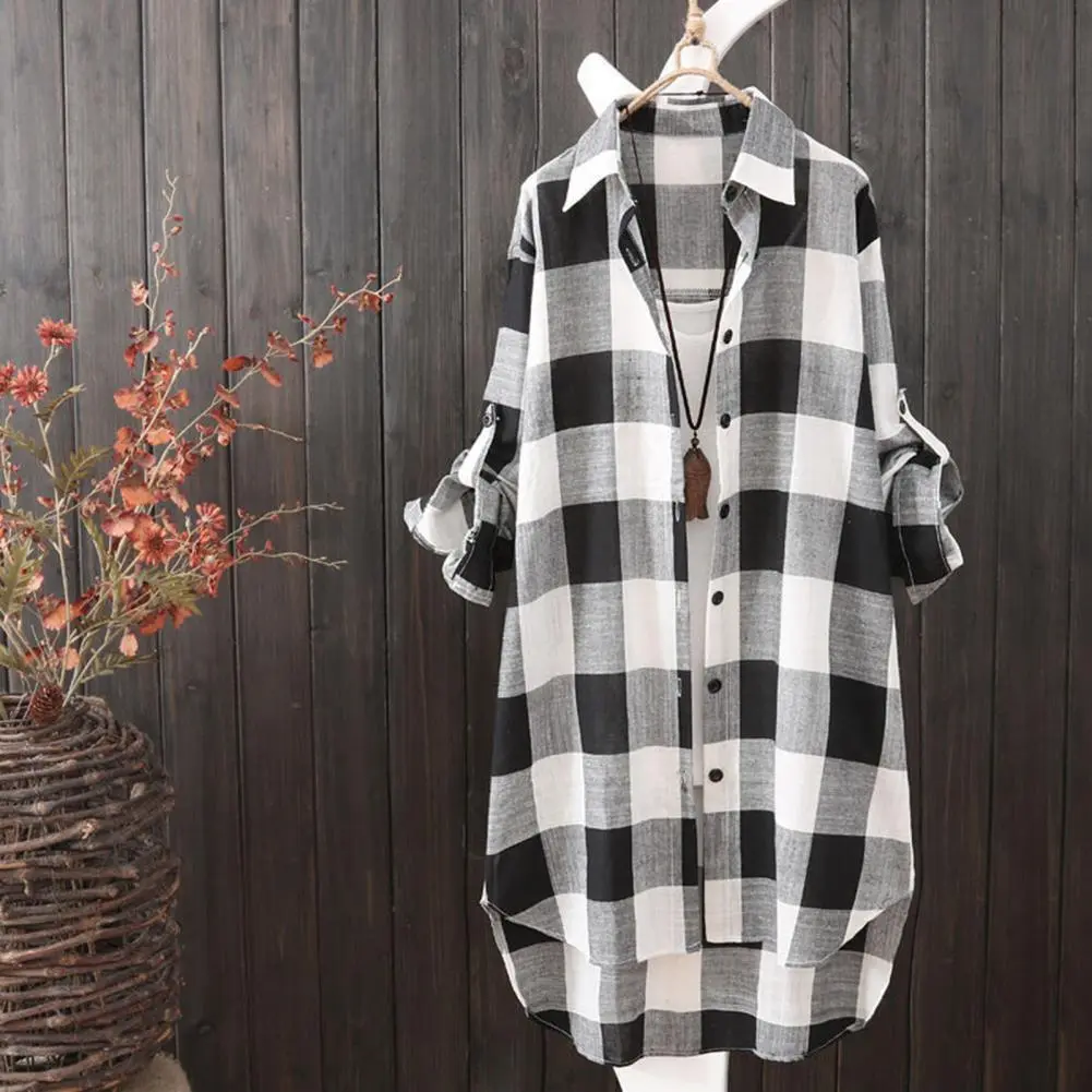 2025 Women Shirt Plaid Print Contrast Color Irregular Hem Single-breasted Long Sleeve Oversized Shirt Coat Breathable Long Shirt