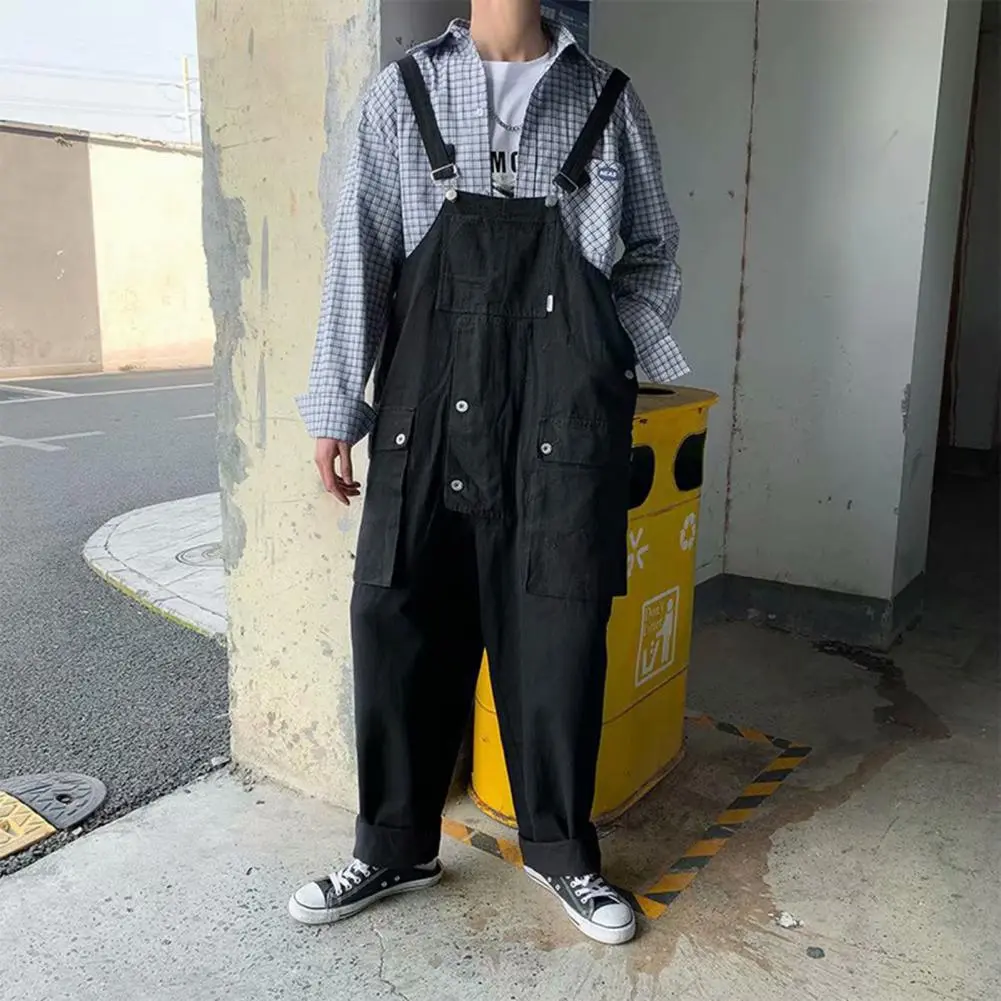 Oversized Men Jumpsuit Bib Overalls Multiple Pockets Retro Style Cargo Jumpsuit Joggers Streetwear Straps Suspender Men Rompers